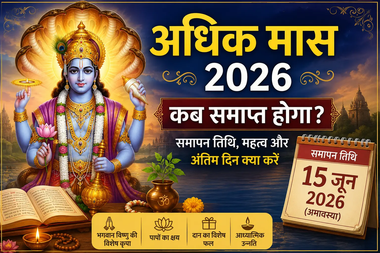 अधिक मास 2026 कब समाप्त होगा? भगवान विष्णु की छवि के साथ पुरुषोत्तम मास समापन तिथि 15 जून 2026 दर्शाता हुआ फीचर इमेज
