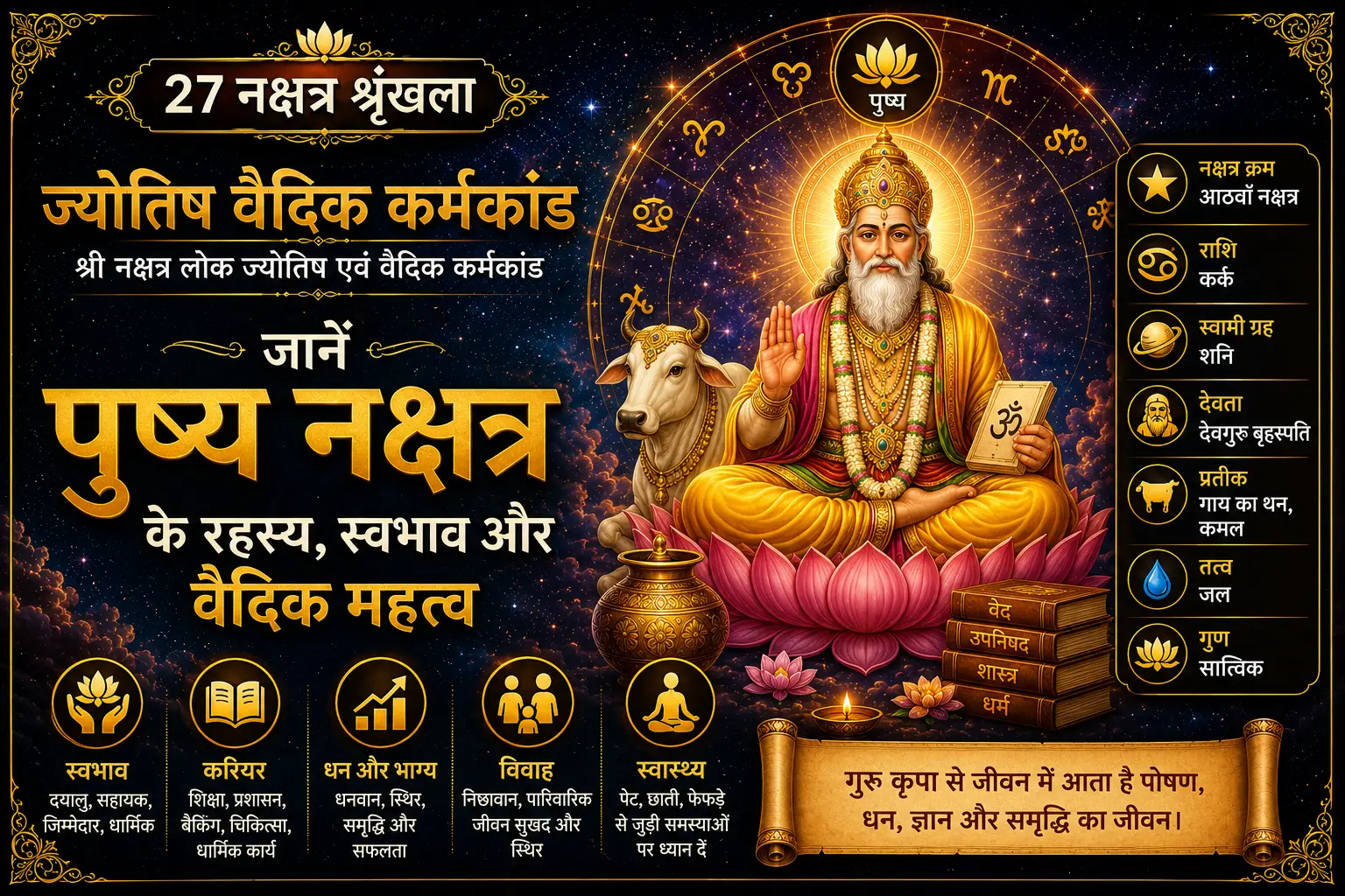 पुष्य नक्षत्र का वैदिक ज्योतिष पोस्टर, जिसमें देवगुरु बृहस्पति, कमल का प्रतीक, गुरु कृपा और समृद्धि के संकेत दर्शाए गए हैं।