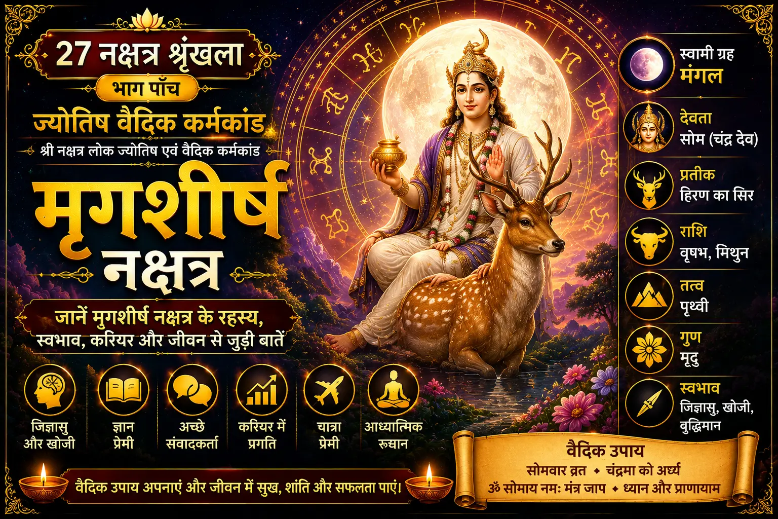 मृगशीर्ष नक्षत्र का वैदिक ज्योतिष पोस्टर, जिसमें सोम देव, हिरण का प्रतीक, चंद्र ऊर्जा और नक्षत्र के प्रमुख गुण दर्शाए गए हैं।