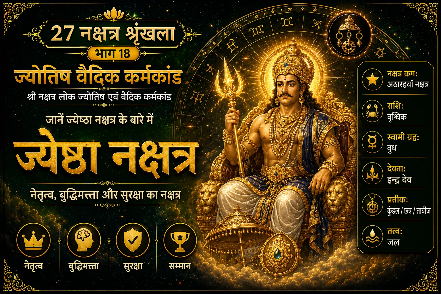 ज्येष्ठा नक्षत्र का वैदिक ज्योतिष पोस्टर, जिसमें इन्द्र देव, बुध ग्रह, कुंडल और नेतृत्व के प्रतीक दर्शाए गए हैं।