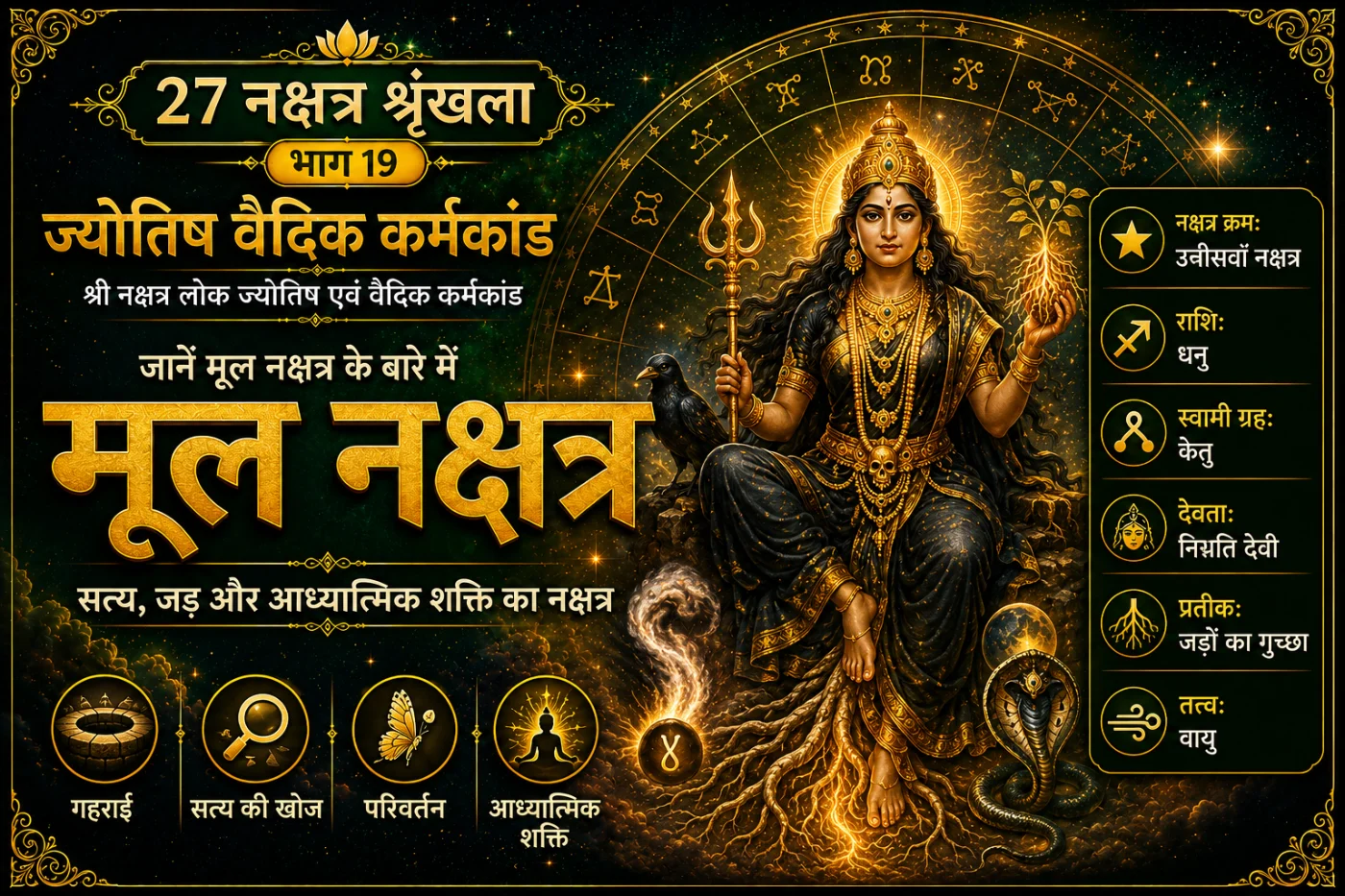 उत्तराभाद्रपद नक्षत्र का वैदिक ज्योतिष पोस्टर, जिसमें अहिर्बुध्न्य देवता, शनि ग्रह, नाग और गहरे जल के प्रतीक दर्शाए गए हैं।