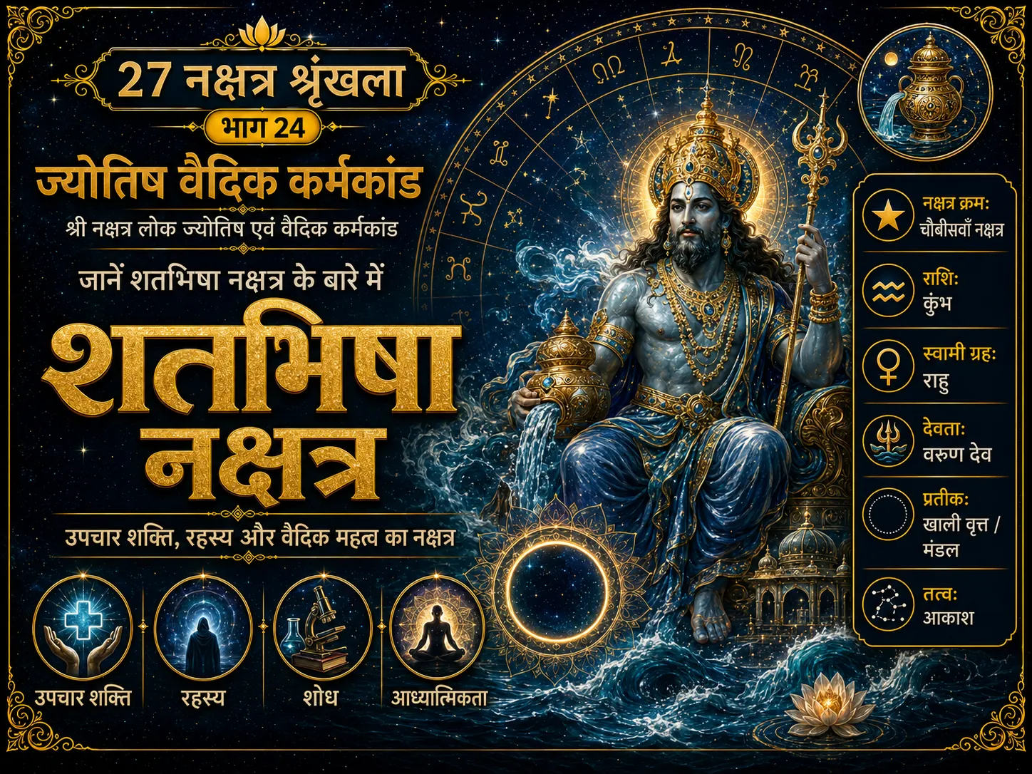 शतभिषा नक्षत्र का वैदिक ज्योतिष पोस्टर, जिसमें वरुण देव, राहु ग्रह, खाली वृत्त और उपचार शक्ति के प्रतीक दर्शाए गए हैं।