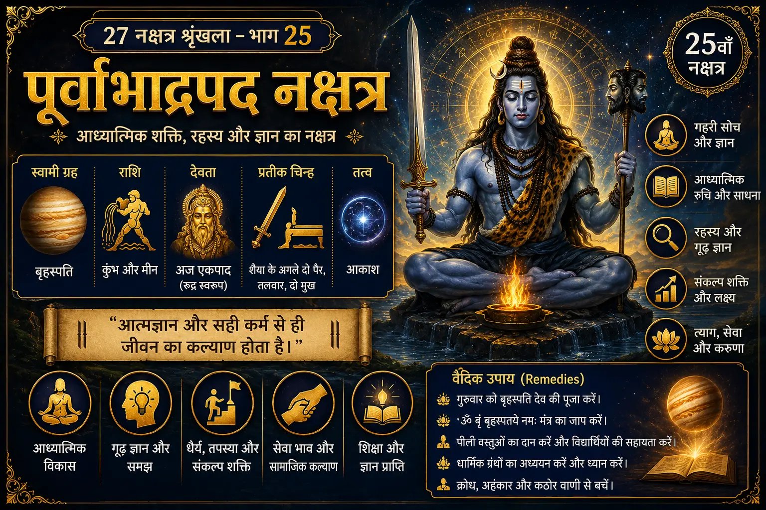 पूर्वाभाद्रपद नक्षत्र का वैदिक ज्योतिष पोस्टर, जिसमें अज एकपाद, बृहस्पति ग्रह, तलवार और आध्यात्मिक शक्ति के प्रतीक दर्शाए गए हैं।