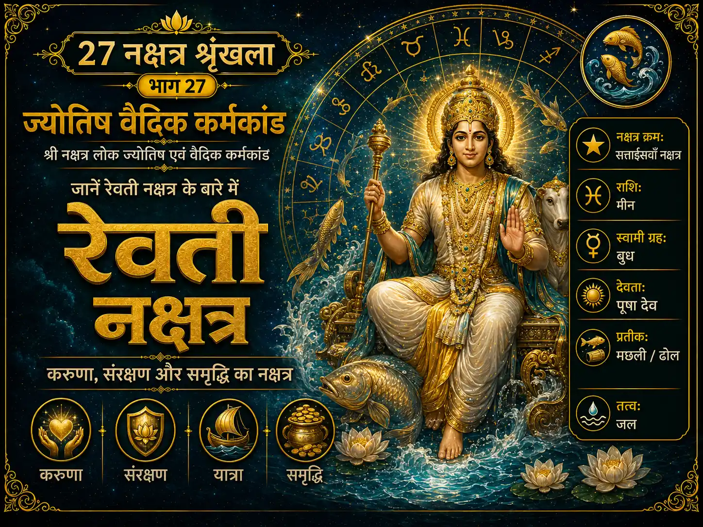रेवती नक्षत्र का वैदिक ज्योतिष पोस्टर, जिसमें पूषा देव, बुध ग्रह, मछली, ढोल और यात्रा के प्रतीक दर्शाए गए हैं।