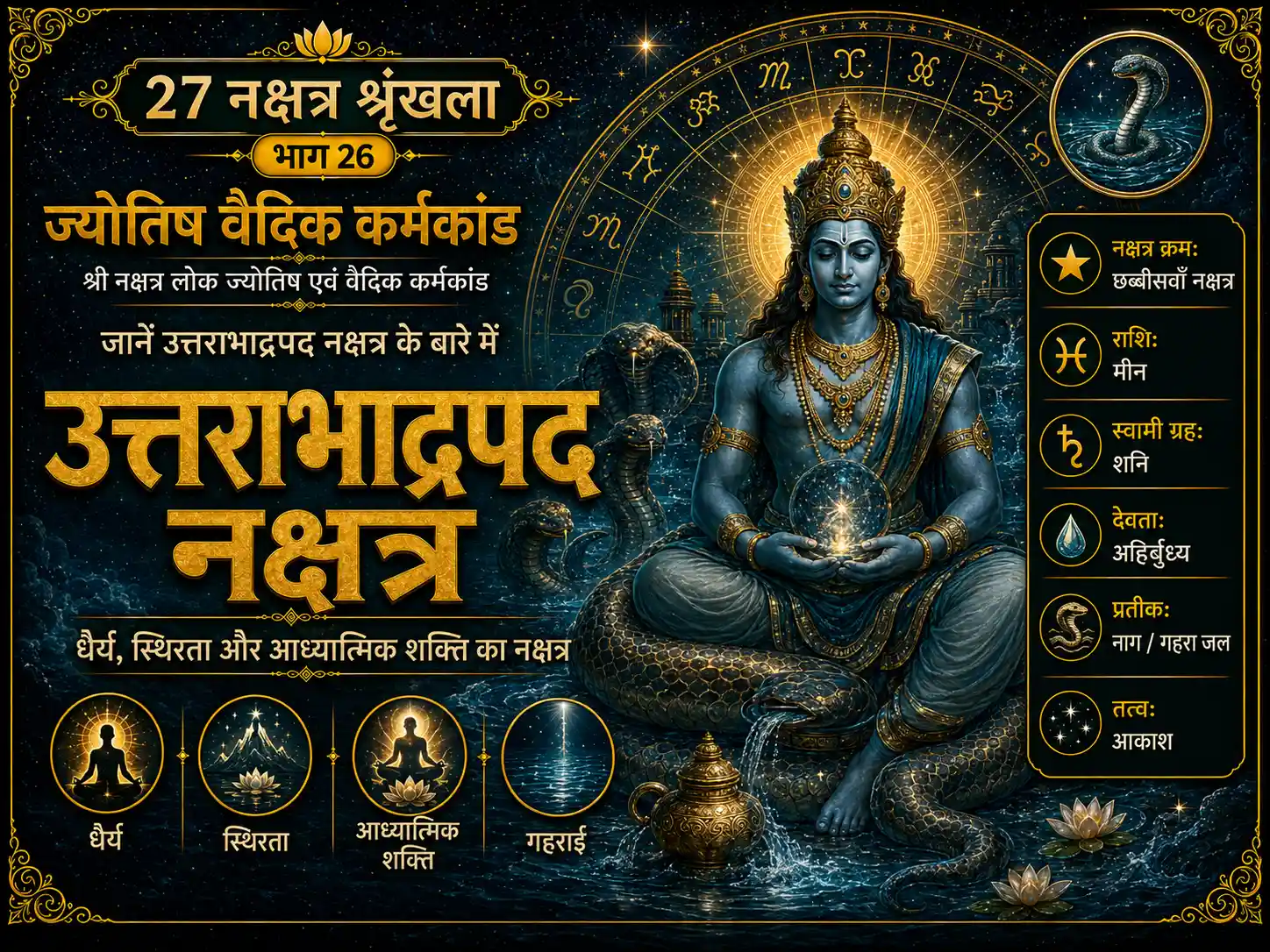 उत्तराभाद्रपद नक्षत्र का वैदिक ज्योतिष पोस्टर, जिसमें अहिर्बुध्न्य देवता, शनि ग्रह, नाग और गहरे जल के प्रतीक दर्शाए गए हैं।